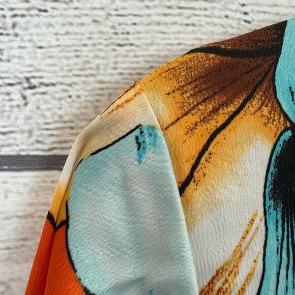 Chico's Women's Orange & Blue Tropical Iris Floral Spring Blouse Size 0 (US 4/6) - Picture 6 of 9